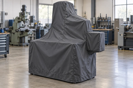 A custom-fitted cover protecting industrial machinery or equipment in a commercial facility.