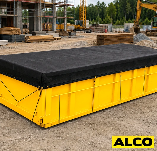A heavy duty tarp cover stretched over an open-top dumpster to contain debris and protect contents from weather.