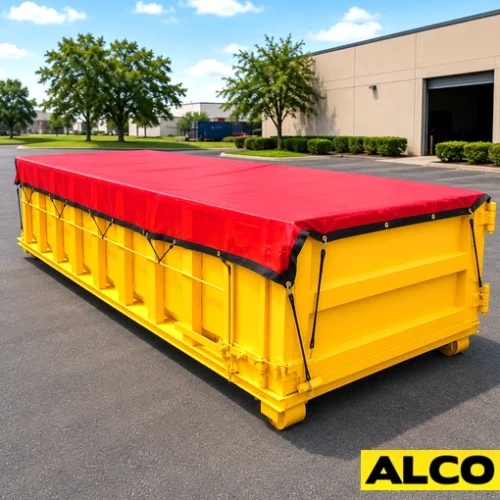 Mesh screen tarp draped over a dumpster to contain debris while allowing airflow.