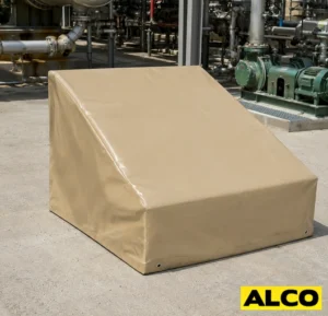 A large custom-sized industrial equipment cover protecting heavy machinery in a commercial or industrial facility.