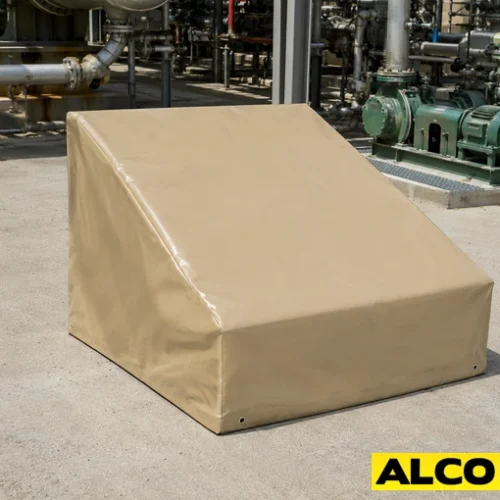 A large custom-sized industrial equipment cover protecting heavy machinery in a commercial or industrial facility.