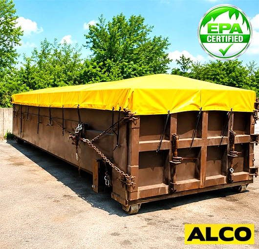 A heavy-duty tarp sized to cover a 30-yard dumpster, used for containing debris and waste at job sites.