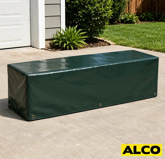 Heavy-duty waterproof storage cover protecting outdoor equipment or materials at an industrial or commercial site.