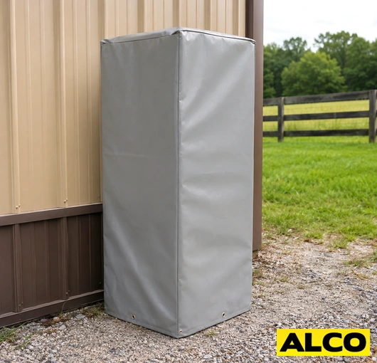 Outdoor waterproof storage cover protecting industrial equipment or materials stored outside.