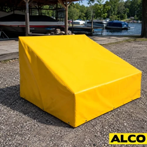 Outdoor waterproof storage cover protecting equipment or materials stored outside at an industrial facility.
