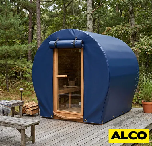Custom fit vinyl barrel sauna cover heat retention resized