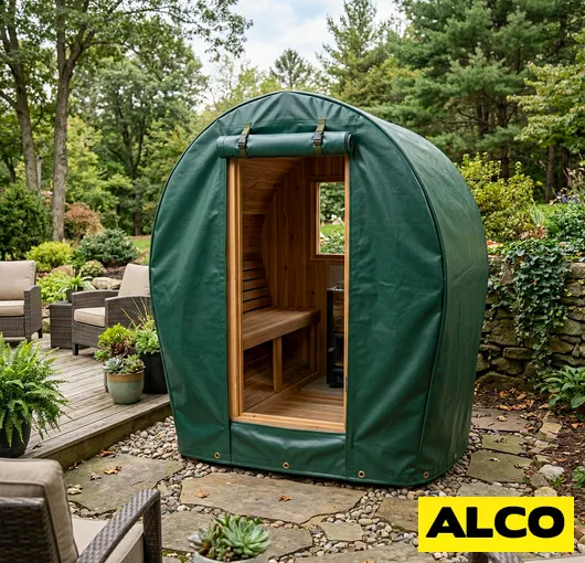 Custom vinyl barrel sauna cover weatherproof protection resized