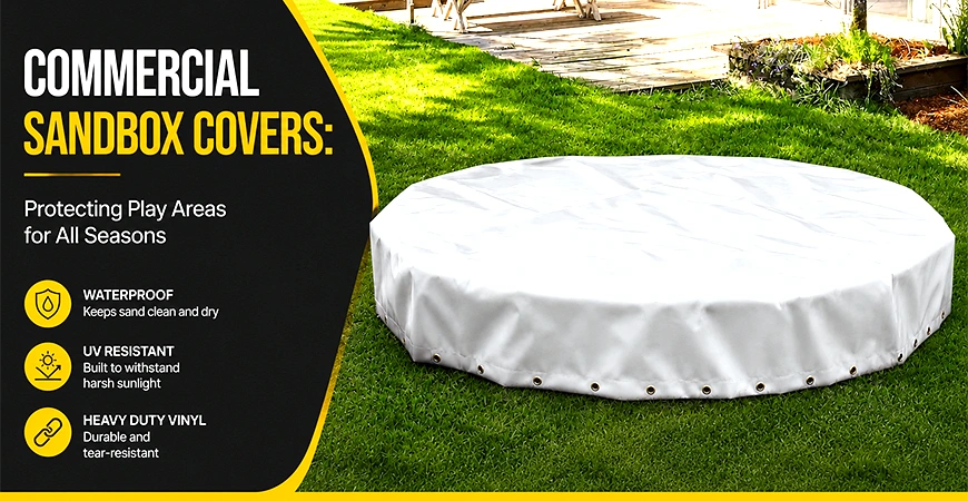 Heavy duty commercial sandbox cover used to protect a large outdoor sandbox from weather, debris, and contamination.