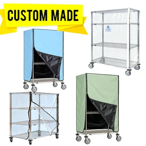 A custom-made ESD cart cover fitted over an industrial cart to protect static-sensitive components during storage or transport.