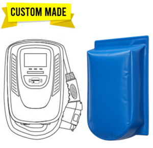 Wall-mounted EV charger cover protects charger from weather and damage.