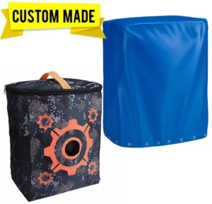 Custom vinyl cover protects archery target outdoors from weather