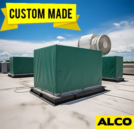 Thick vinyl industrial aircon cover protects units from rain and wind
