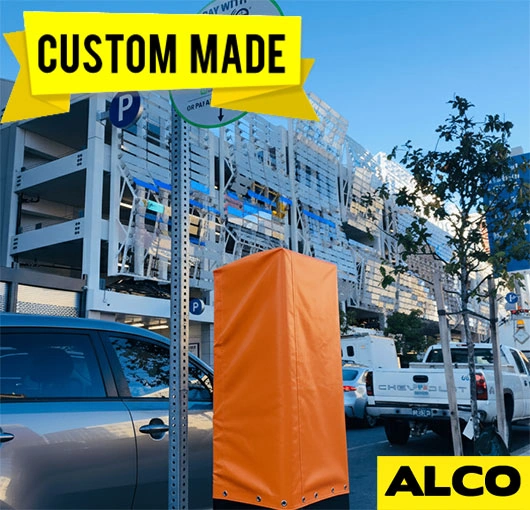 Waterproof vinyl cover shields parking kiosk from all-season outdoor weather
