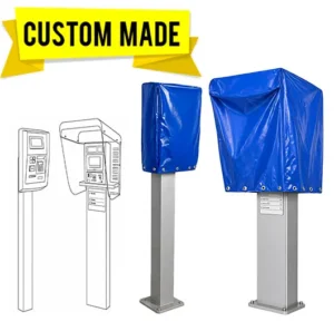 Heavy duty yellow vinyl cover protecting a payment terminal in an industrial or commercial setting.