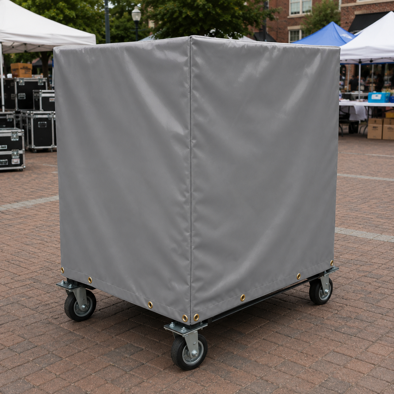Custom-made outdoor all-weather covers fitted over stanchion carts, protecting equipment stored outside.