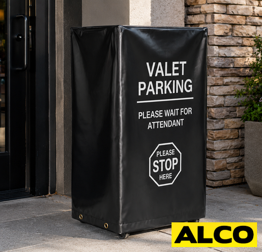 Custom-made all-weather cover fitted over a valet podium for outdoor use.