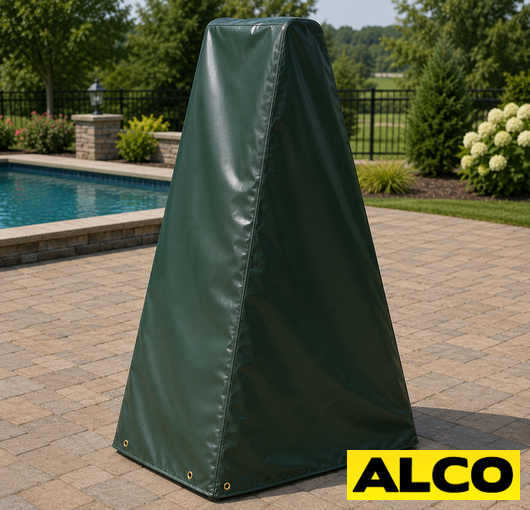 Custom-made heavy duty outdoor covers fitted over pool ladder rails at a commercial or industrial pool facility.