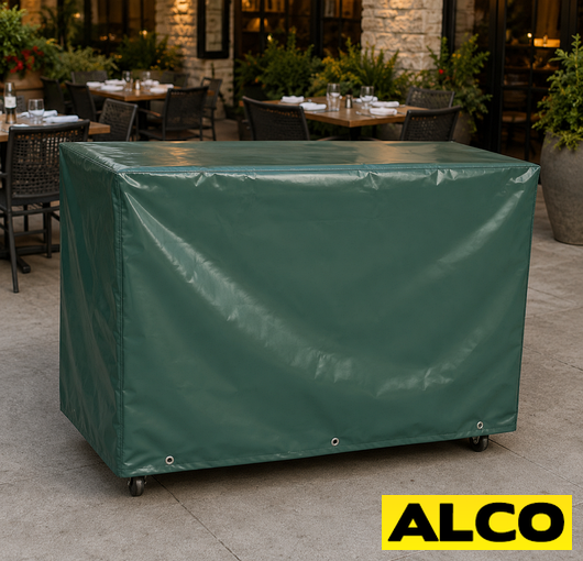 Heavy duty custom cover fitted over a portable outdoor bar station to protect equipment from weather.