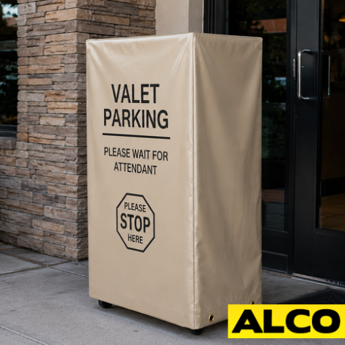 Heavy duty custom-made covers fitted over outdoor valet parking podiums to protect them from weather.