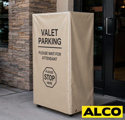 Heavy duty custom-made covers fitted over outdoor valet parking podiums to protect them from weather.