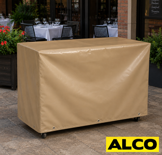 Custom-made large cover fitted over an outdoor portable bar station to protect it from weather.