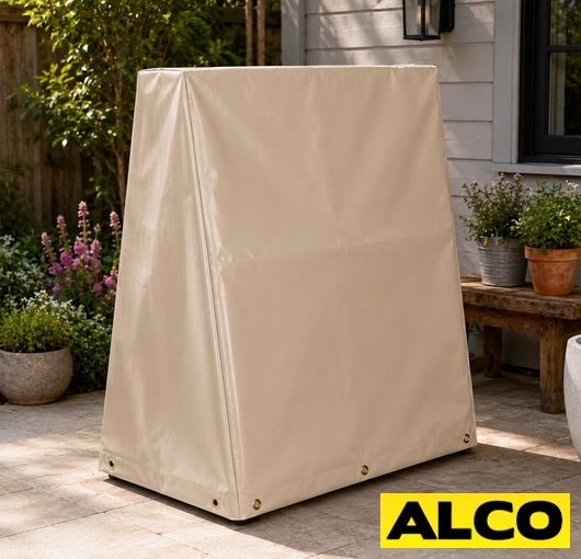 Custom-made waterproof covers fitted over outdoor plant shelving units to protect plants and supplies from rain and weather.