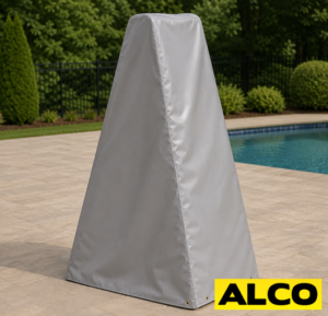 Custom-made waterproof covers fitted over pool ladder rails in an outdoor commercial or recreational pool setting.