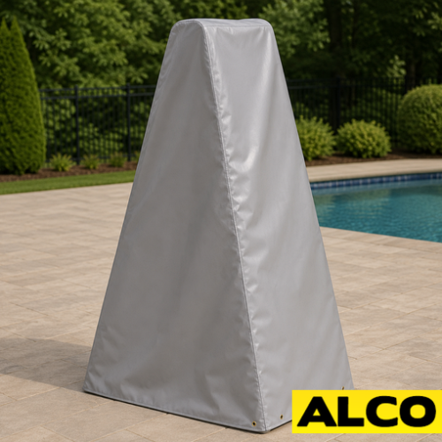 Custom-made waterproof covers fitted over pool ladder rails in an outdoor commercial or recreational pool setting.