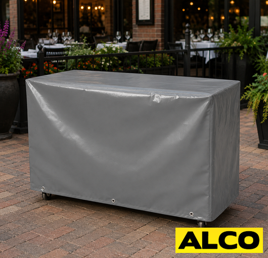 Custom-made waterproof cover fitted over a portable outdoor bar station to protect it from weather.