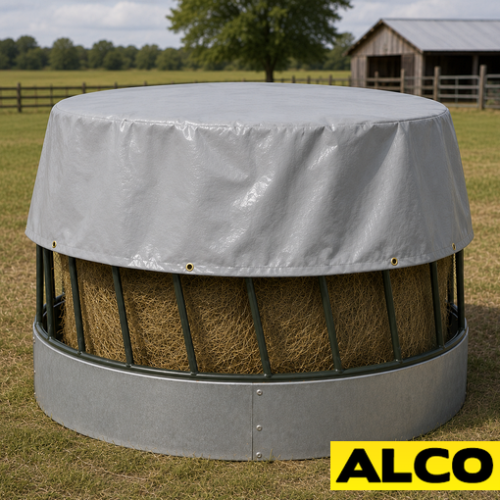 Custom waterproof cover fitted over a sheep ring feeder outdoors to protect feed from rain and weather.