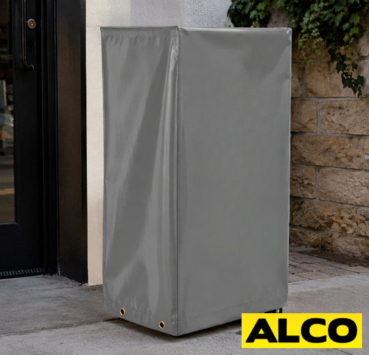 Custom-made waterproof cover fitted over an outdoor valet parking podium to protect it from rain and weather.