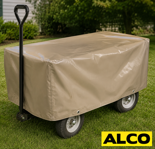 Custom outdoor cover fitted over a garden cart, protecting it from weather and outdoor elements.