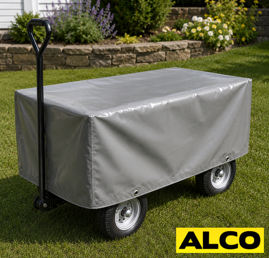 Custom outdoor cover fitted over a garden cart on a patio, protecting it from weather and debris.