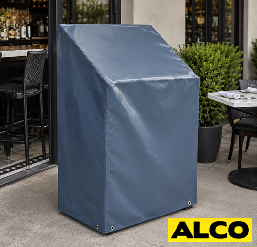 Custom-sized protective cover fitted over an outdoor hostess stand at a restaurant or hospitality venue.