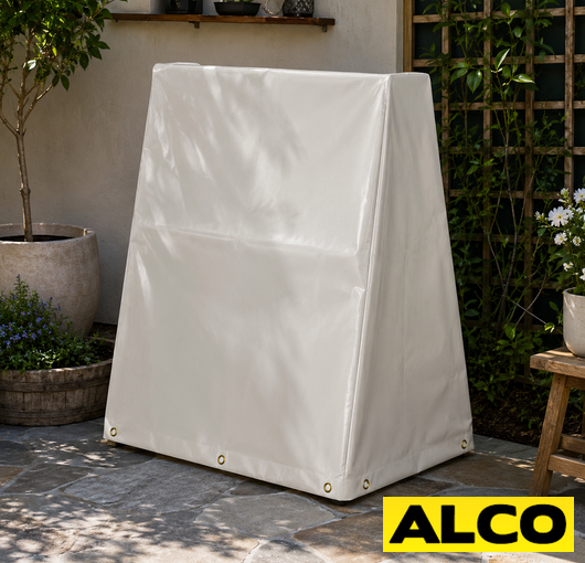 Custom-shaped covers fitted over outdoor plant shelving units to protect plants and inventory from weather.