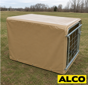 A cover fitted over a goat tote container, protecting contents from dust, weather, and contamination during storage or transport.