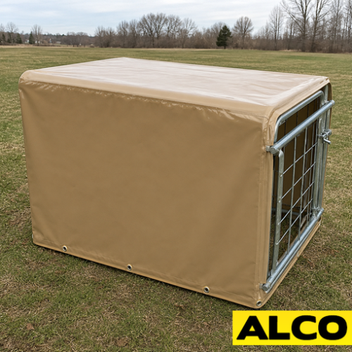 A cover fitted over a goat tote container, protecting contents from dust, weather, and contamination during storage or transport.