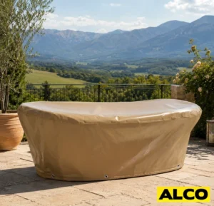 Heavy duty cover fitted over a cast iron bathtub to protect it during industrial or construction use.