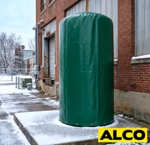 Heavy duty round storage cover protecting cylindrical industrial equipment or materials outdoors.
