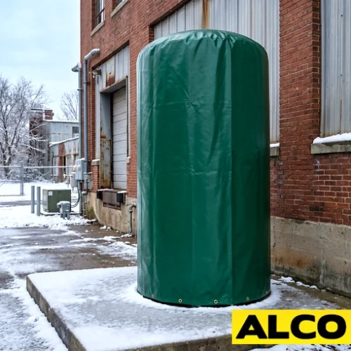 Heavy duty round storage cover protecting cylindrical industrial equipment or materials outdoors.