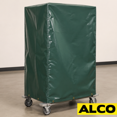 A protective cover fitted over a stanchion cart, used to keep equipment clean and organized in an industrial or commercial setting.
