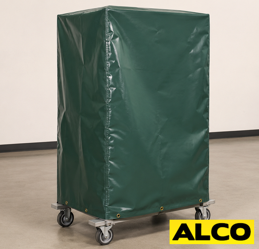 A protective cover fitted over a stanchion cart, used to keep equipment clean and organized in an industrial or commercial setting.