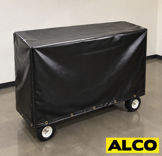 A stanchion cart cover protecting a crowd control stanchion storage cart in a commercial or event facility.