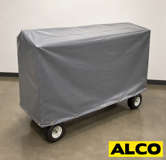 A heavy-duty cover fitted over a stanchion cart used in crowd control or queue management applications.