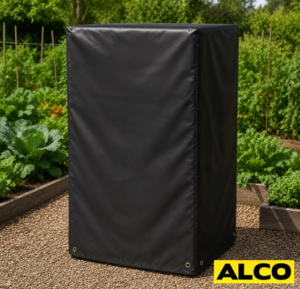 Custom-made waterproof covers fitted over outdoor grow racks to protect plants and shelving from weather exposure.