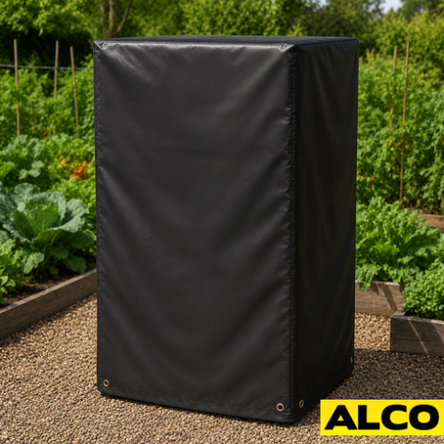Custom-made waterproof covers fitted over outdoor grow racks to protect plants and shelving from weather exposure.