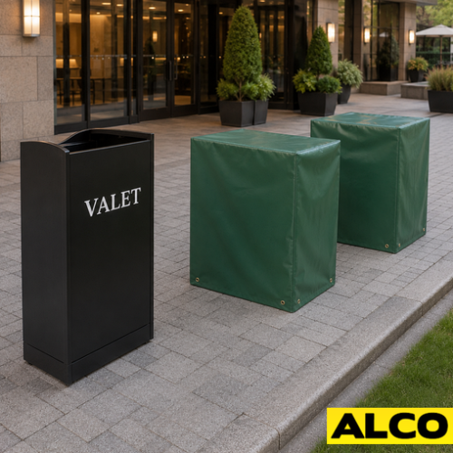 Waterproof custom cover fitted over an outdoor valet podium to protect it from weather.