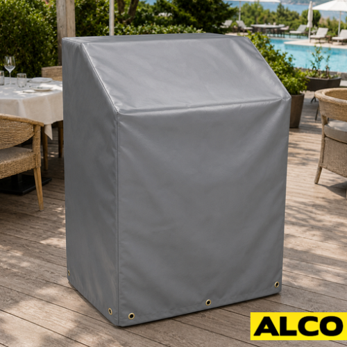 Waterproof cover fitted over an outdoor hostess stand to protect it from rain and weather.