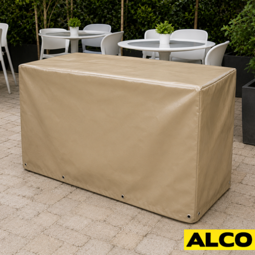 Waterproof vinyl cover fitted over a portable bar station to protect equipment and supplies from moisture and dust.