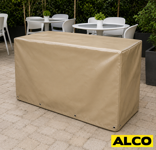 Waterproof vinyl cover fitted over a portable bar station to protect equipment and supplies from moisture and dust.